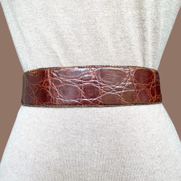 VTG Johnny Farah Wide Waist Oversized Cognac Brown Croc Embossed Leather Belt S - Picture 4 of 15